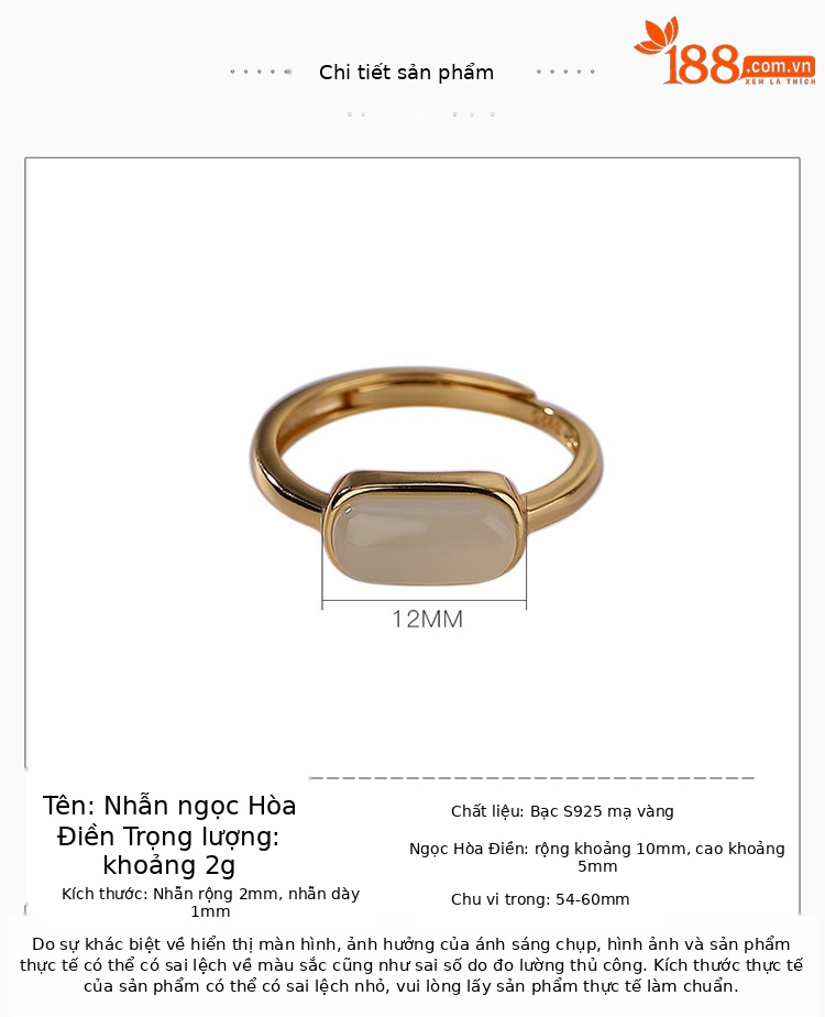 Nhẫn nữ bạc S925 mạ vàng đính ngọc bích Hetian tự nhiên, kiểu hở mặt sáng đa năng — Kiểu màu bạc chi tiết 3