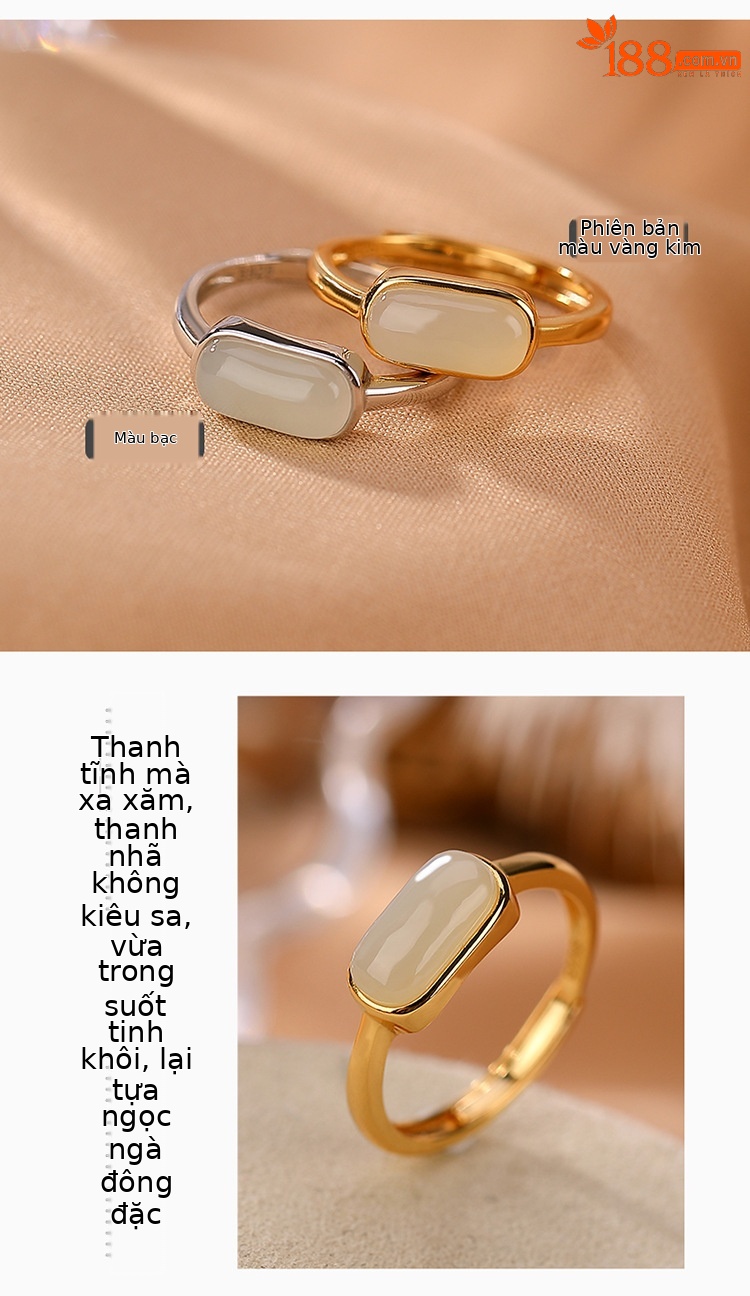 Nhẫn nữ bạc S925 mạ vàng đính ngọc bích Hetian tự nhiên, kiểu hở mặt sáng đa năng — Kiểu màu bạc chi tiết 4