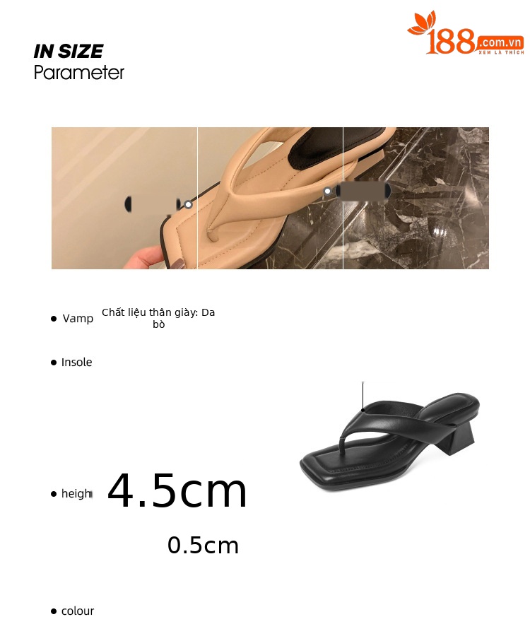 Dép sandal nữ xỏ ngón da cừu mũi vuông gót thấp — Màu đen chi tiết 3
