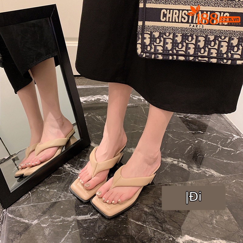 Dép sandal nữ xỏ ngón da cừu mũi vuông gót thấp — Màu đen chi tiết 7
