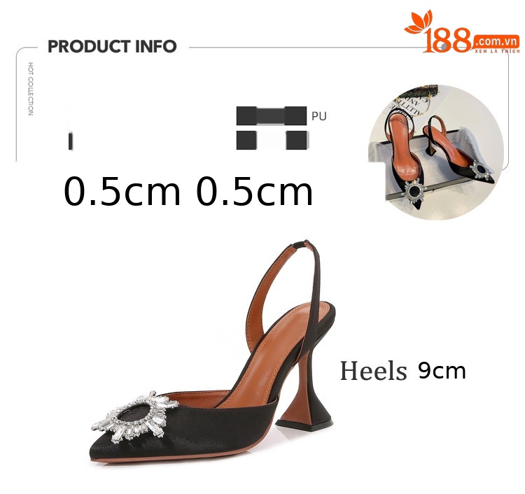Giày cao gót mũi nhọn đính đá hoa hướng dương, đế ly rượu dự tiệc cưới — Màu đen, Màu mơ (đặt hàng từ 10 đôi), Màu tím (đặt hàng từ 10 đôi), Màu đỏ hoa hồng chi tiết 2