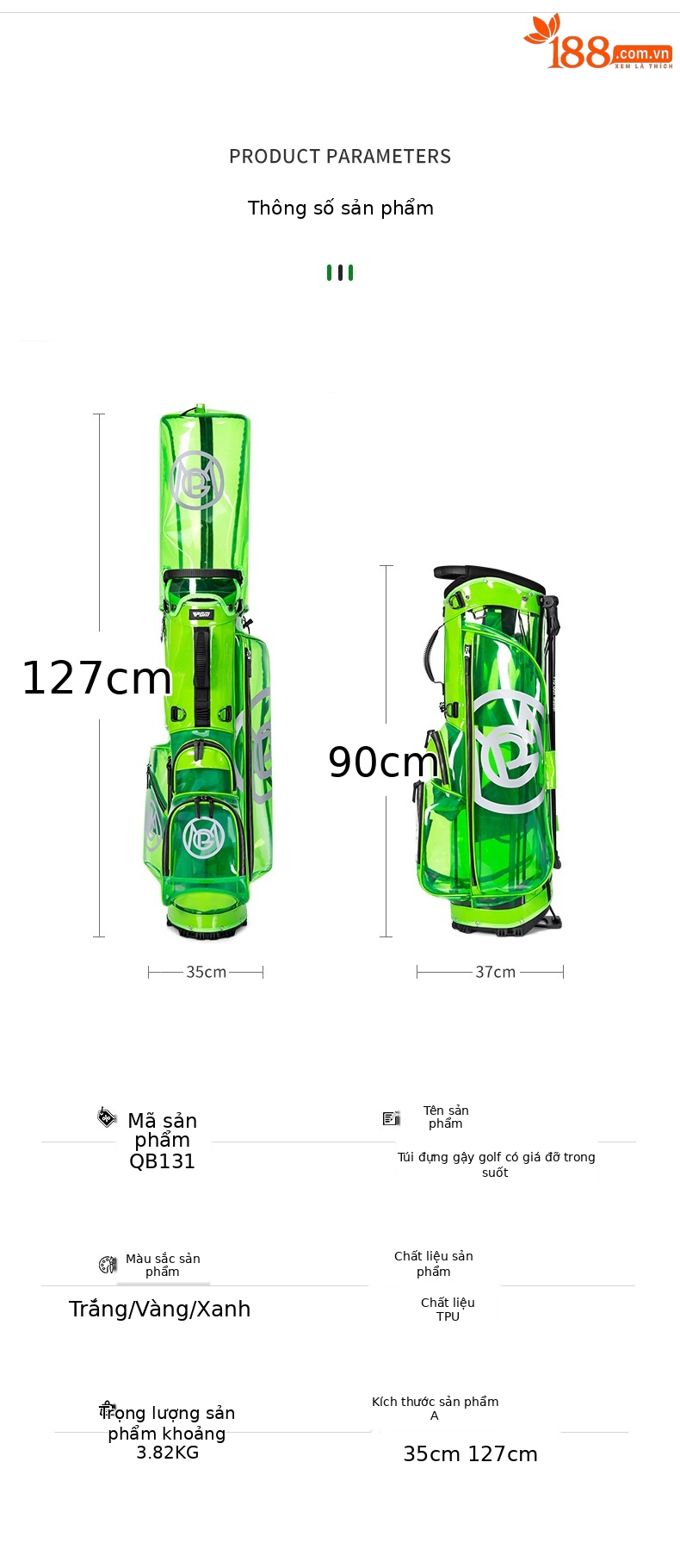 Túi đựng gậy golf PGM trong suốt chống nước, kiểu dáng Hàn Quốc, kích thước 127x31x36 cm — QB131-màu xanh lá cây, QB131-màu vàng, QB131-màu trắng chi tiết 5
