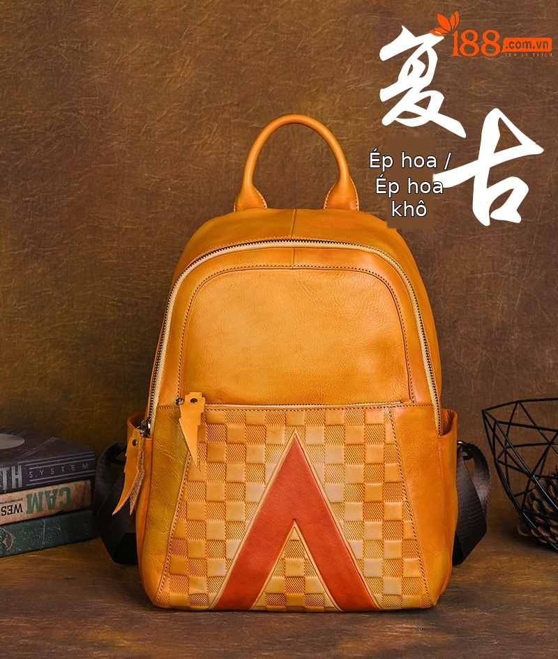 Ba lô nữ da bò lớp đầu tiên phong cách cổ điển đánh bóng — Vàng cổ điển, Nâu cổ điển, Xám đen cổ điển chi tiết 1