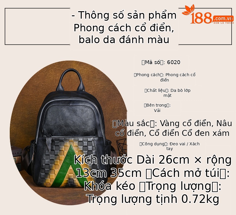 Ba lô nữ da bò lớp đầu tiên phong cách cổ điển đánh bóng — Vàng cổ điển, Nâu cổ điển, Xám đen cổ điển chi tiết 2