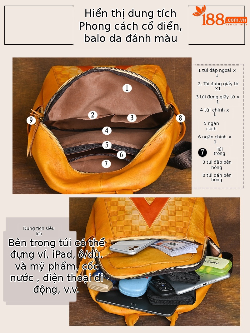 Ba lô nữ da bò lớp đầu tiên phong cách cổ điển đánh bóng — Vàng cổ điển, Nâu cổ điển, Xám đen cổ điển chi tiết 7