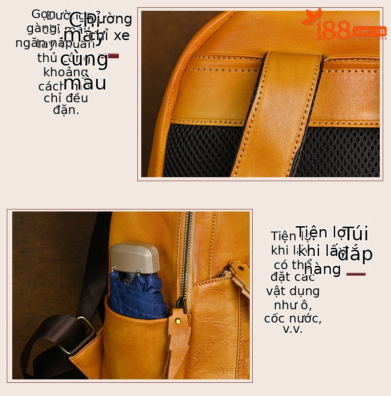 Ba lô nữ da bò lớp đầu tiên phong cách cổ điển đánh bóng — Vàng cổ điển, Nâu cổ điển, Xám đen cổ điển chi tiết 16
