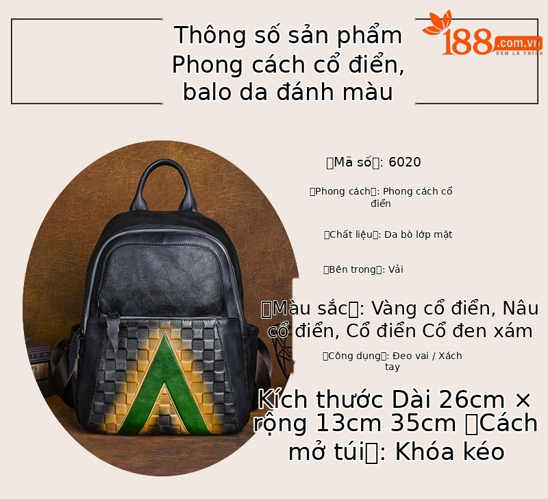 Ba lô nữ da bò lớp đầu tiên phong cách cổ điển đánh bóng — Vàng cổ điển, Nâu cổ điển, Xám đen cổ điển chi tiết 24