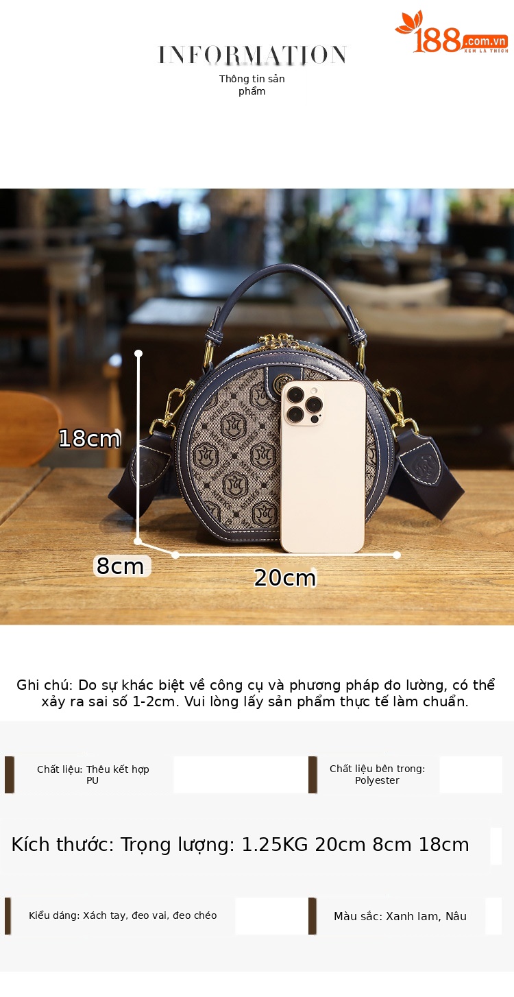 Túi đeo chéo nữ hình tròn thêu họa tiết, phong cách nhẹ nhàng, xách tay kiểu phương Tây — Màu xanh lam, Màu nâu nhạt chi tiết 8