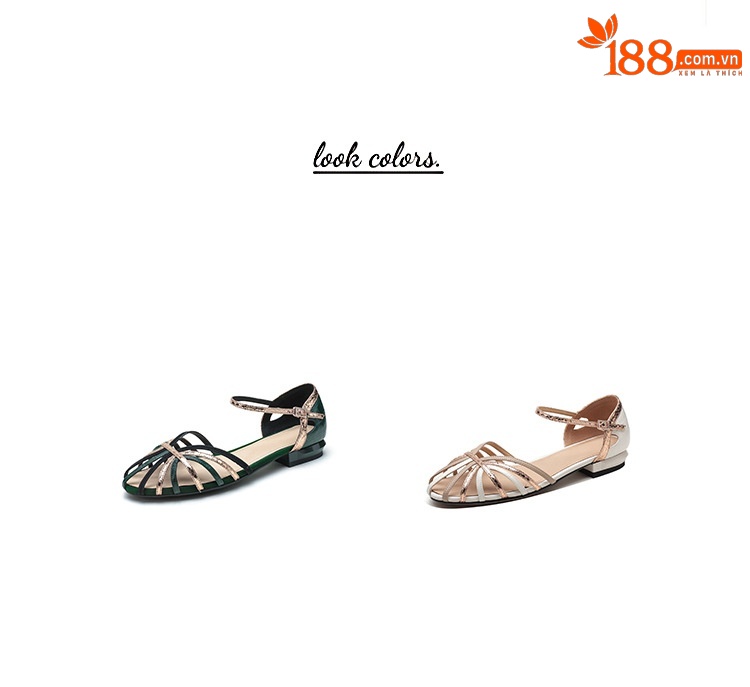 Dép sandal nữ đế bệt kiểu Pháp cổ điển, quai mảnh phối màu, thiết kế khoét lỗ và quai mắt cá chân — Màu xanh lục đậm chi tiết 3