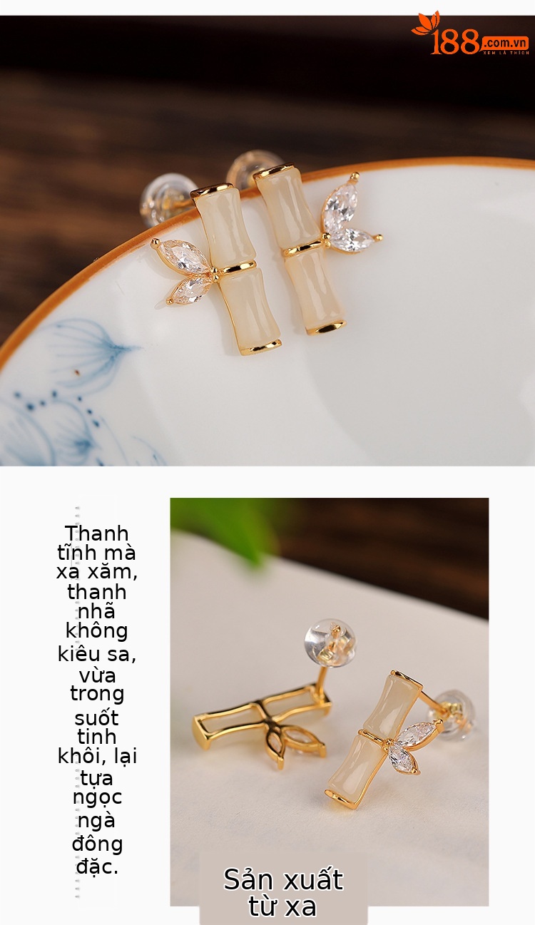 Bông tai bạc S925 mạ vàng đỏ hình lá tre phong cách hoang dã — Kiểu Sapphire chi tiết 5