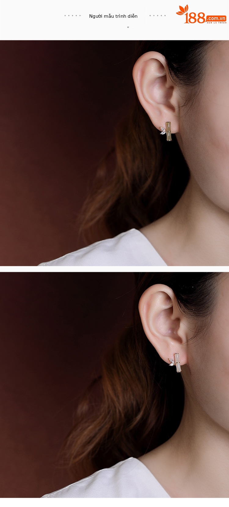 Bông tai bạc S925 mạ vàng đỏ hình lá tre phong cách hoang dã — Kiểu Sapphire chi tiết 6