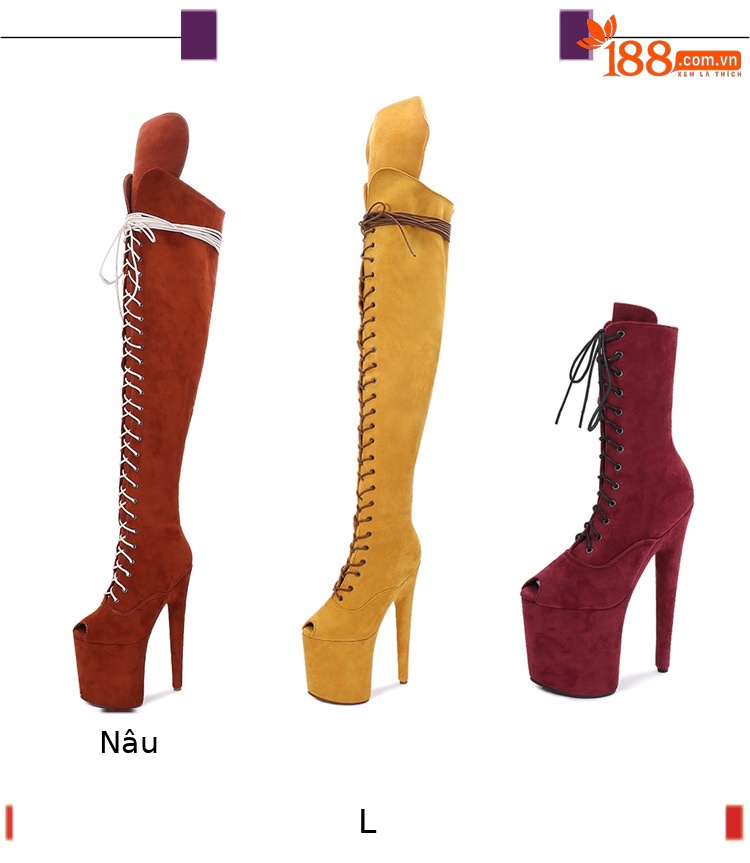 Bốt nữ cổ cao da lộn gót 20 cm — Màu nâu đậm, Màu vàng chi tiết 2