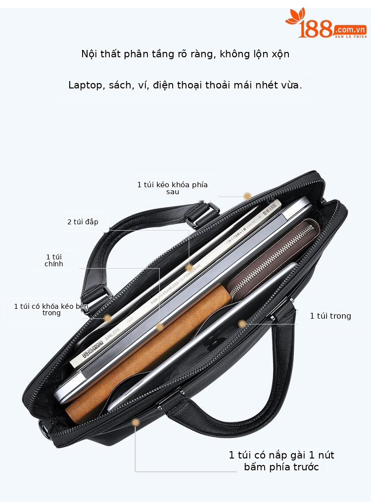 Cặp da bò công sở nam Emperor Paul đựng laptop 15-17 inch nhiều ngăn chi tiết 4