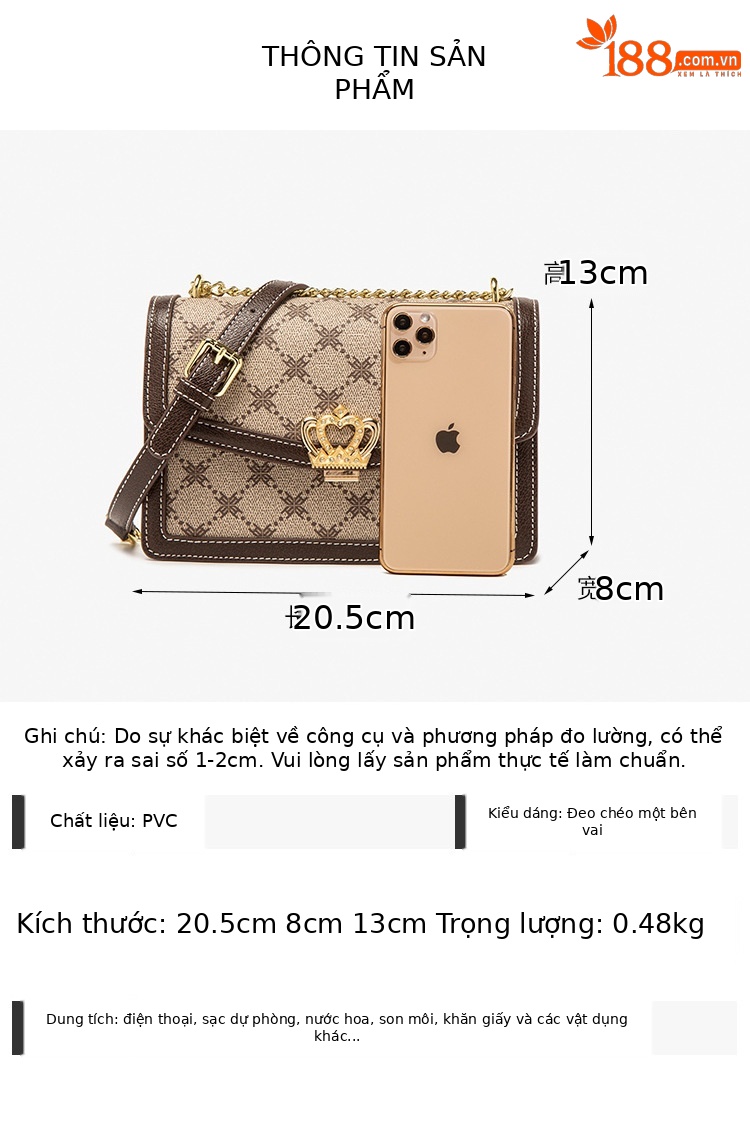 Túi đeo chéo nữ dây xích kiểu túi vuông nhỏ thời trang hè — Màu cà phê chi tiết 5