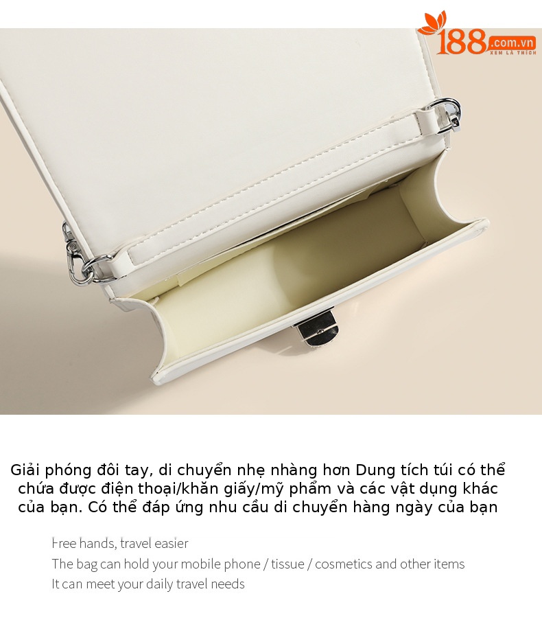 Túi đeo chéo nữ dây xích ngọc trai, túi vuông nhỏ gấp nếp, quả cầu vàng trang trí, da thật — Màu trắng be, Màu đen chi tiết 3
