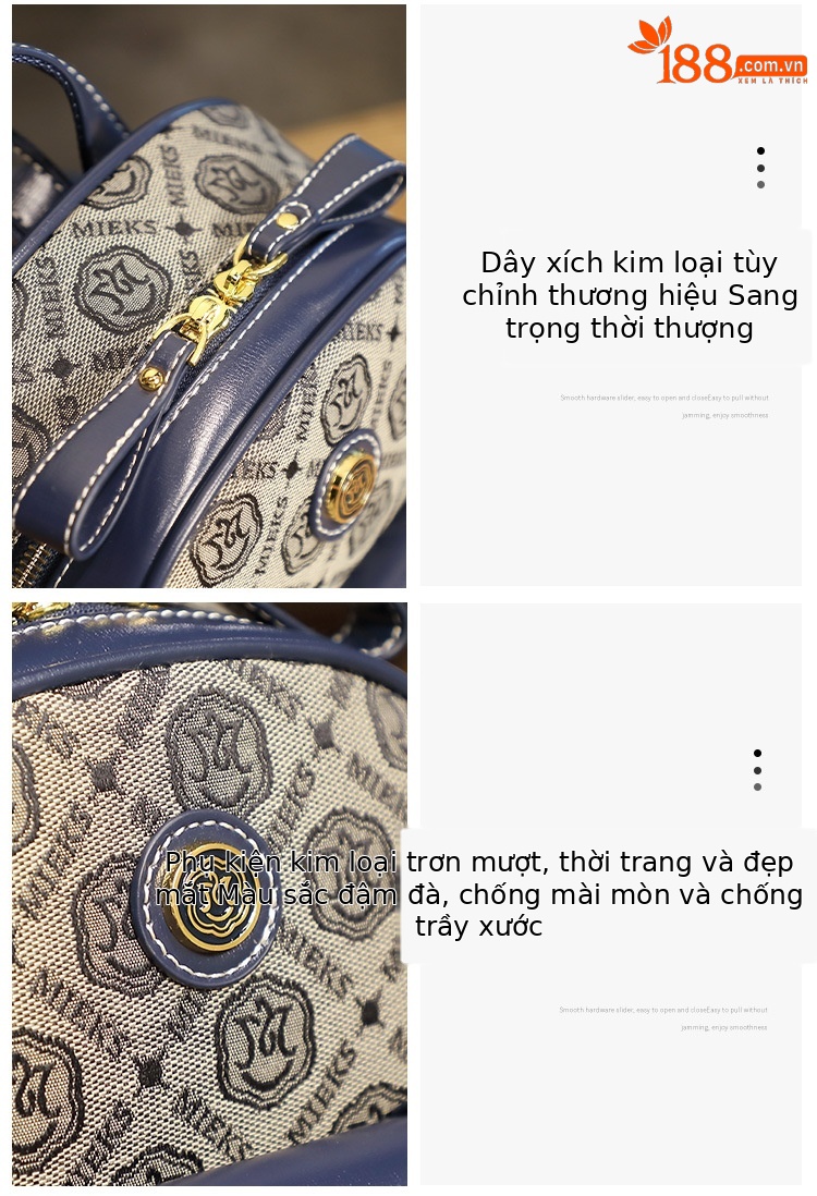 Ba lô nữ da thật thêu họa tiết phong cách phương Tây, thiết kế thời thượng đi học đi làm — Màu xanh lam, Màu nâu nhạt chi tiết 6