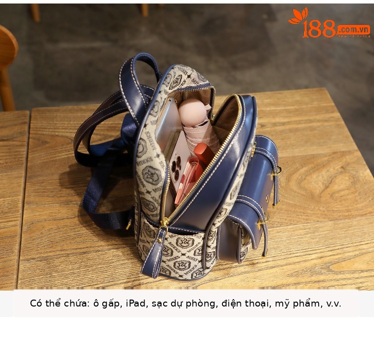 Ba lô nữ da thật thêu họa tiết phong cách phương Tây, thiết kế thời thượng đi học đi làm — Màu xanh lam, Màu nâu nhạt chi tiết 10