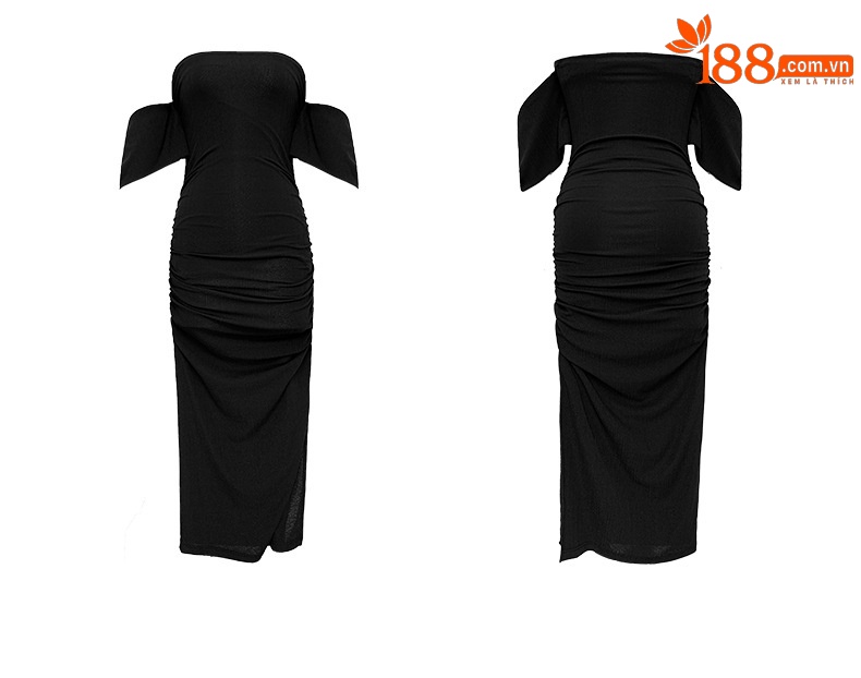 Đầm ôm body nữ trễ vai cổ một đường, phong cách hot girl mùa hè — Màu đen chi tiết 5