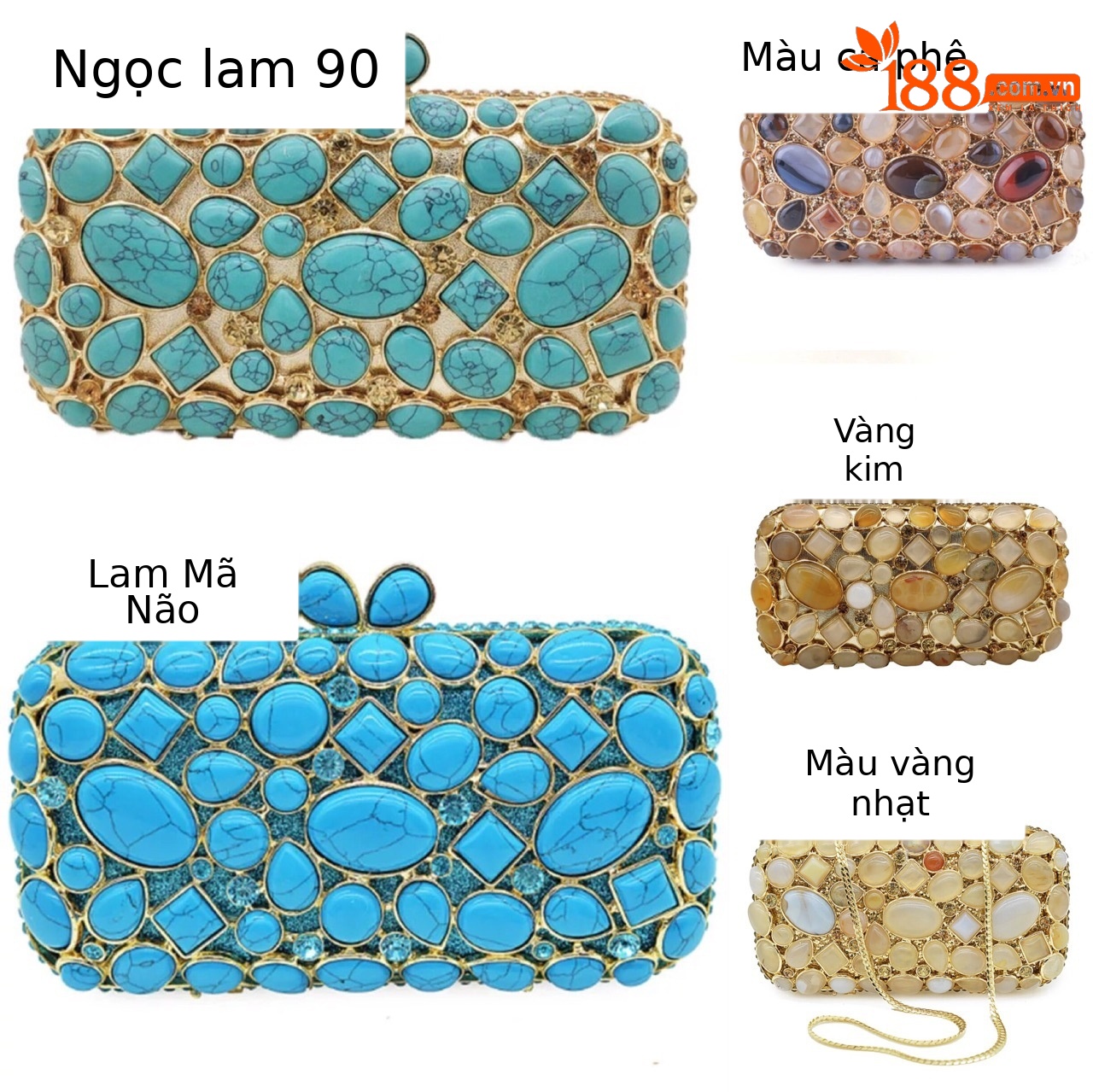 Túi clutch dạ tiệc đính đá rhinestone mã não màu ngọc lam — Màu vàng chi tiết 2