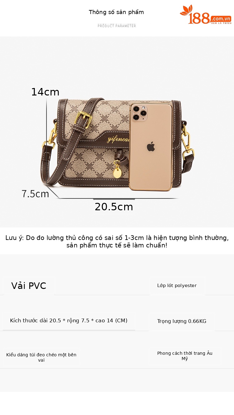 Túi đeo chéo nữ dây xích thời trang vuông nhỏ cao cấp — Màu cà phê chi tiết 8