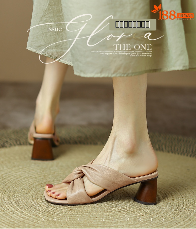 Sandal cao gót nữ hở mũi da cừu đế thô gót 7 cm — Màu đậu chi tiết 1