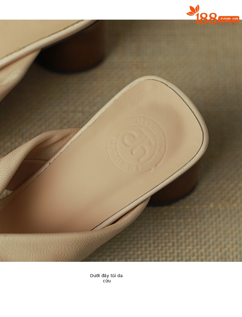 Sandal cao gót nữ hở mũi da cừu đế thô gót 7 cm — Màu đậu chi tiết 10