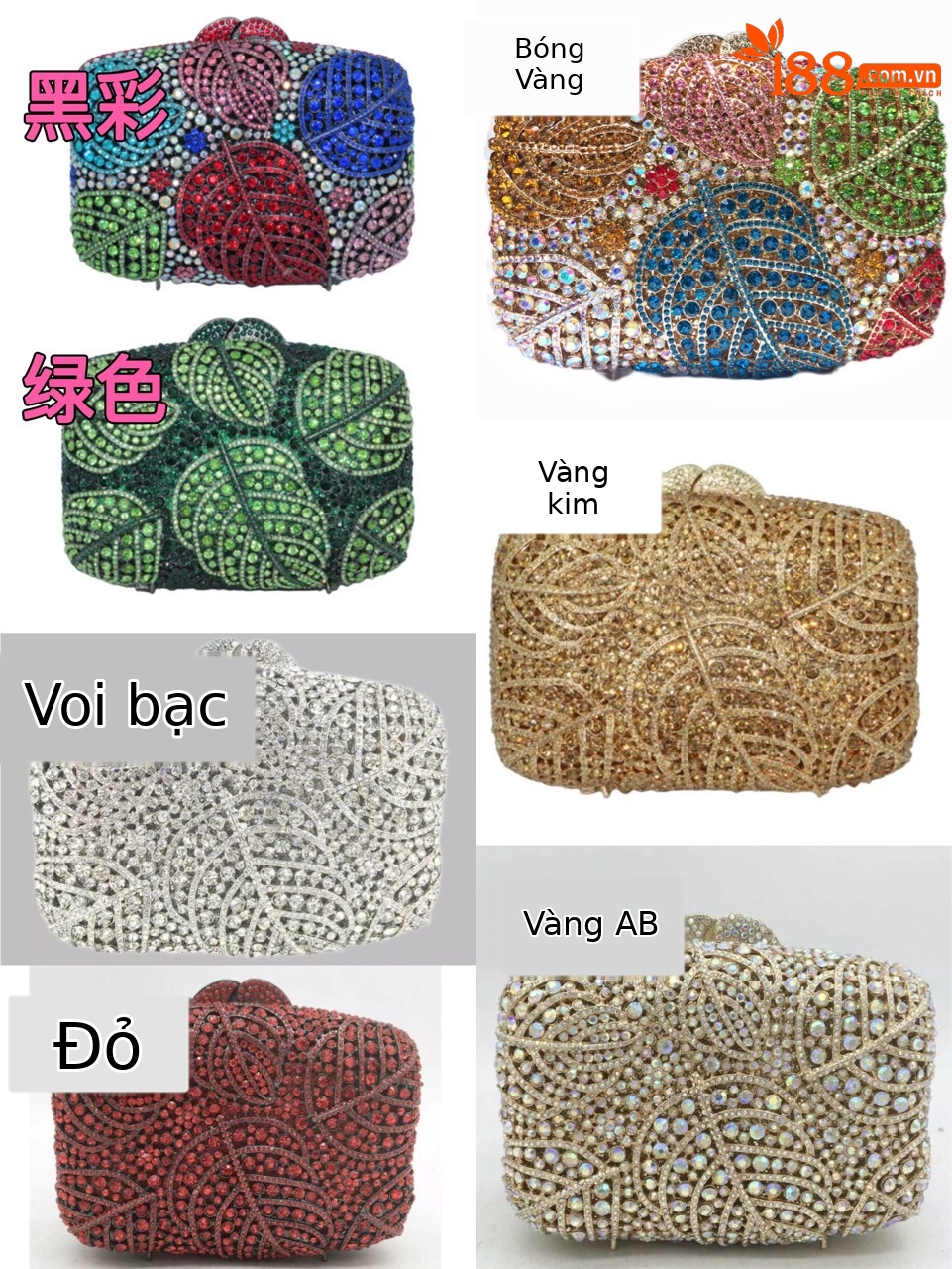 Túi clutch dạ hội đính đá pha lê hình lá phong, vỏ cứng kim loại rỗng, xách tay dự tiệc — Vàng kim AB chi tiết 1