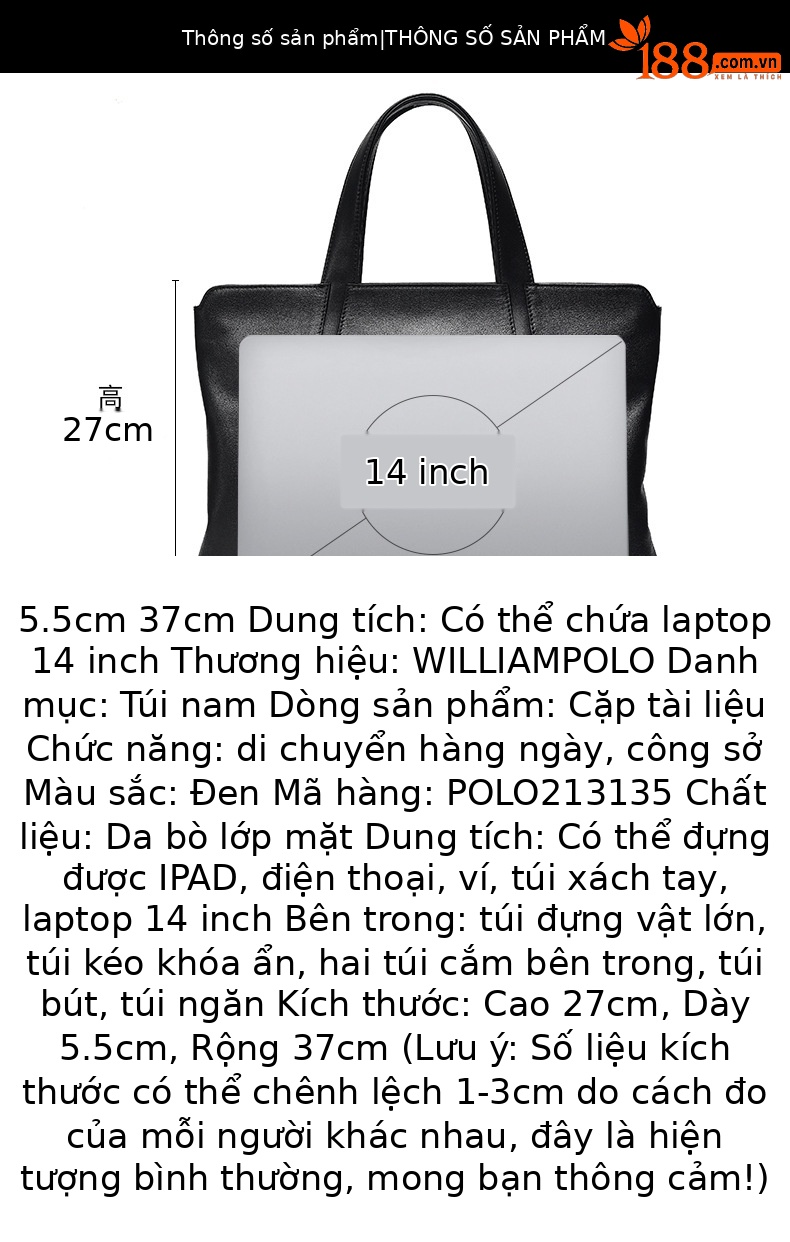 Túi xách công sở nam da bò đầu 15 inch phong cách đơn giản sức chứa lớn chi tiết 12