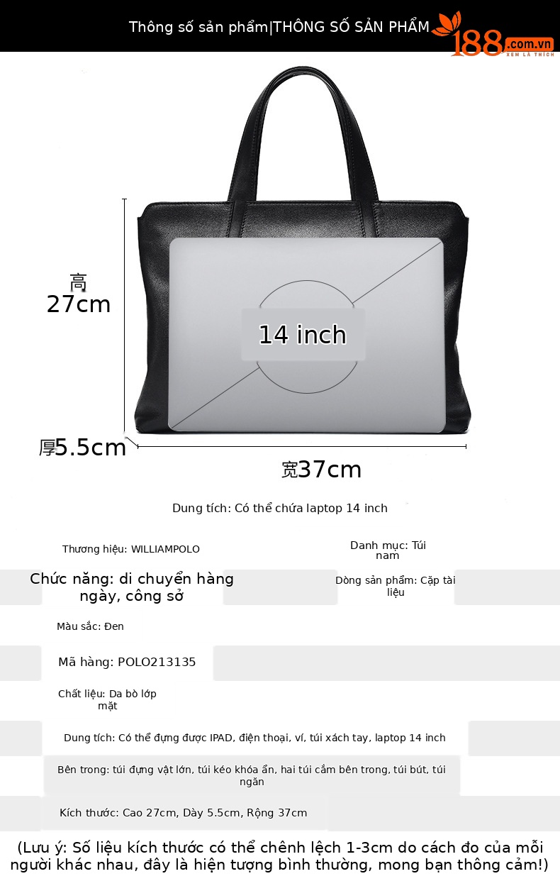 Túi xách công sở nam da bò đầu 15 inch phong cách đơn giản sức chứa lớn chi tiết 20