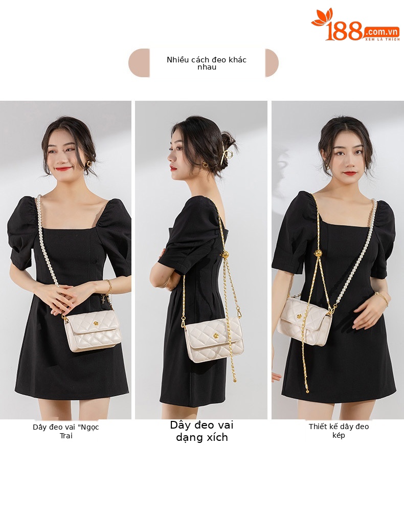 Túi đeo chéo nữ dây xích ngọc trai họa tiết kim cương giả cao cấp — Cỡ nhỏ màu trắng, Cỡ lớn màu trắng, Cỡ nhỏ màu đen, Cỡ lớn màu đen chi tiết 3