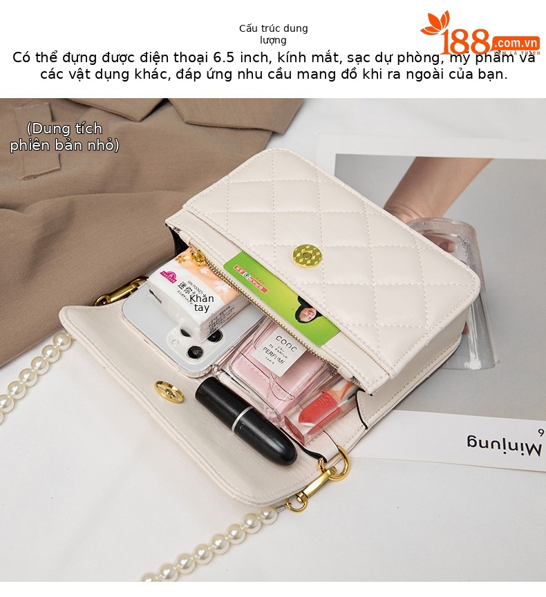 Túi đeo chéo nữ dây xích ngọc trai họa tiết kim cương giả cao cấp — Cỡ nhỏ màu trắng, Cỡ lớn màu trắng, Cỡ nhỏ màu đen, Cỡ lớn màu đen chi tiết 4