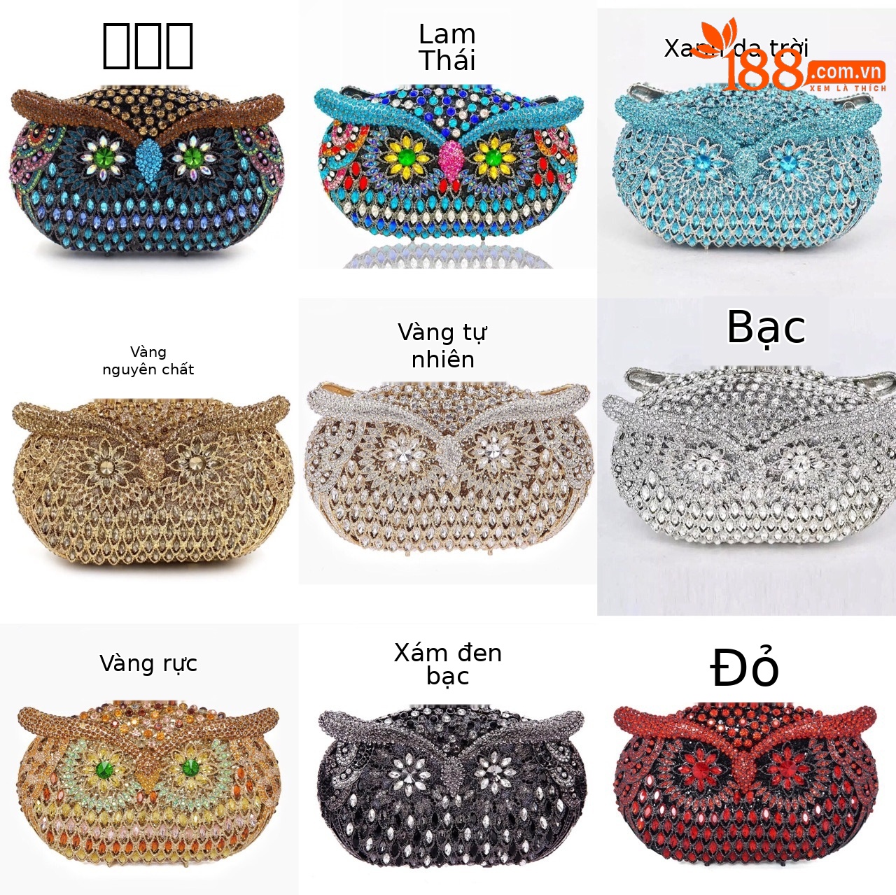 Túi clutch dạ tiệc đính đá hình cú đeo tay phong cách Âu Mỹ — Màu xanh da trời chi tiết 1