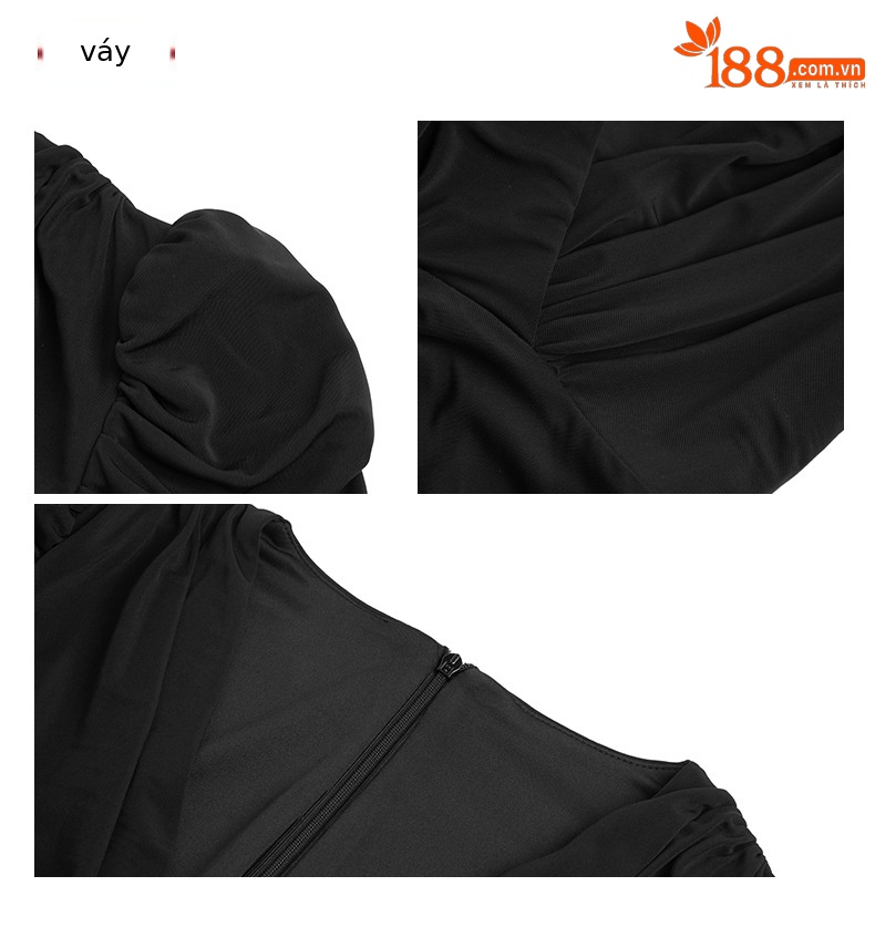 Đầm suông midi tay phồng xếp ly xẻ tà thiết kế thời trang — Màu đen chi tiết 3