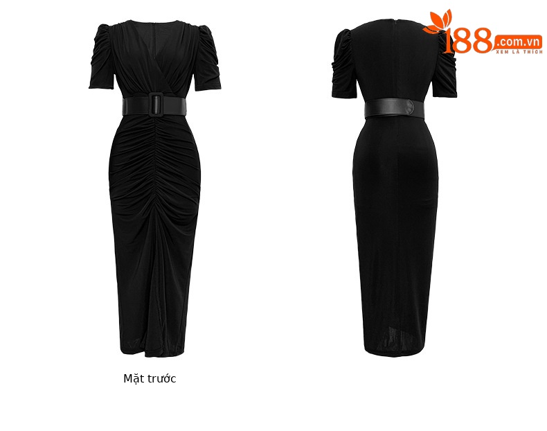 Đầm suông midi tay phồng xếp ly xẻ tà thiết kế thời trang — Màu đen chi tiết 4