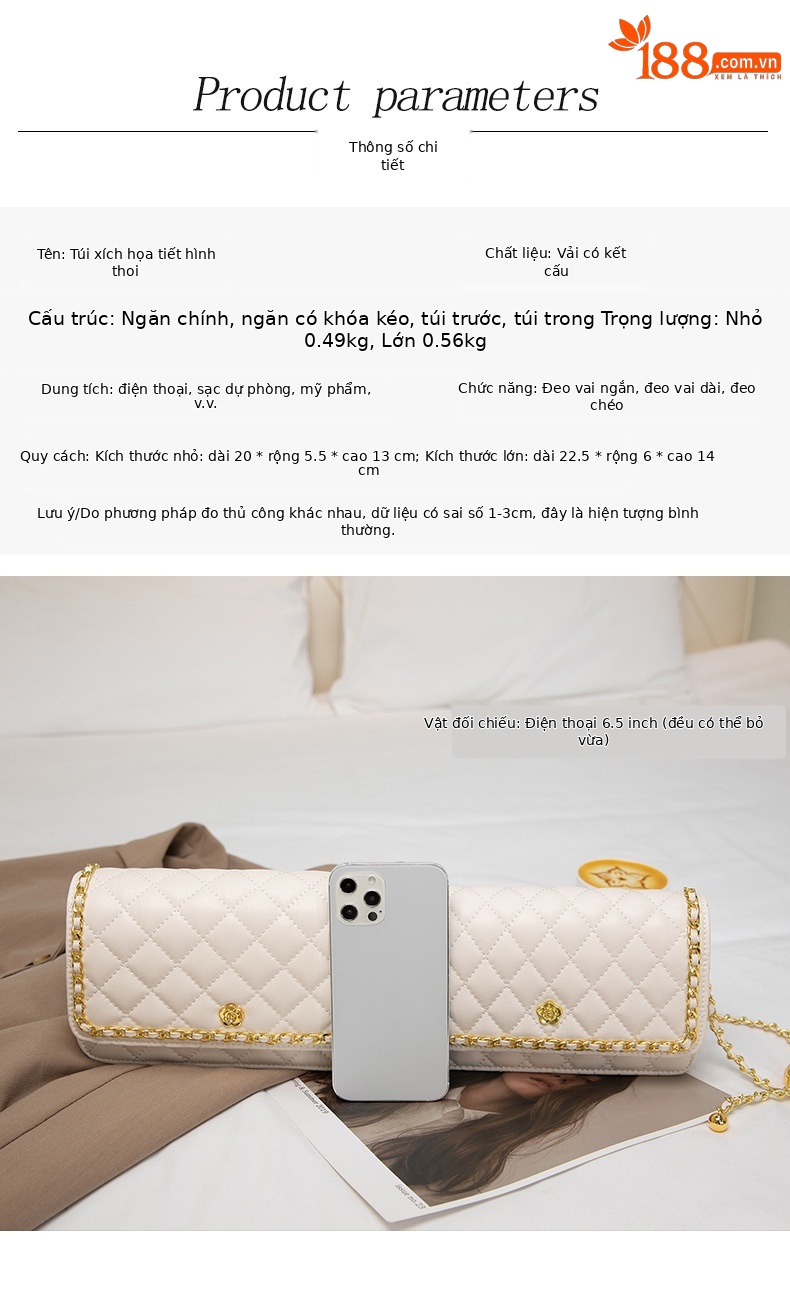 Túi đeo chéo nữ thiết kế hình thoi hạt chuyển kim loại phong cách đa năng — Màu đen chi tiết 5