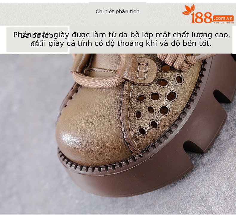 Dép lê bít mũi đế dày da bò cho nữ, kiểu khoét lỗ ren, phong cách mùa hè — Màu be chi tiết 4