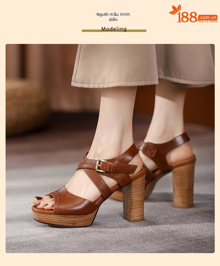Sandal nữ mũi nhọn gót thô đế dày kiểu La Mã — Màu nâu chi tiết 5