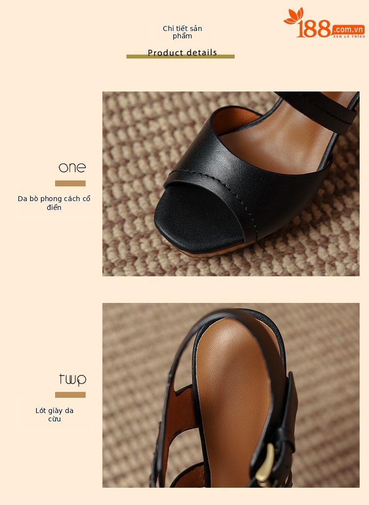 Sandal nữ mũi nhọn gót thô đế dày kiểu La Mã — Màu nâu chi tiết 7
