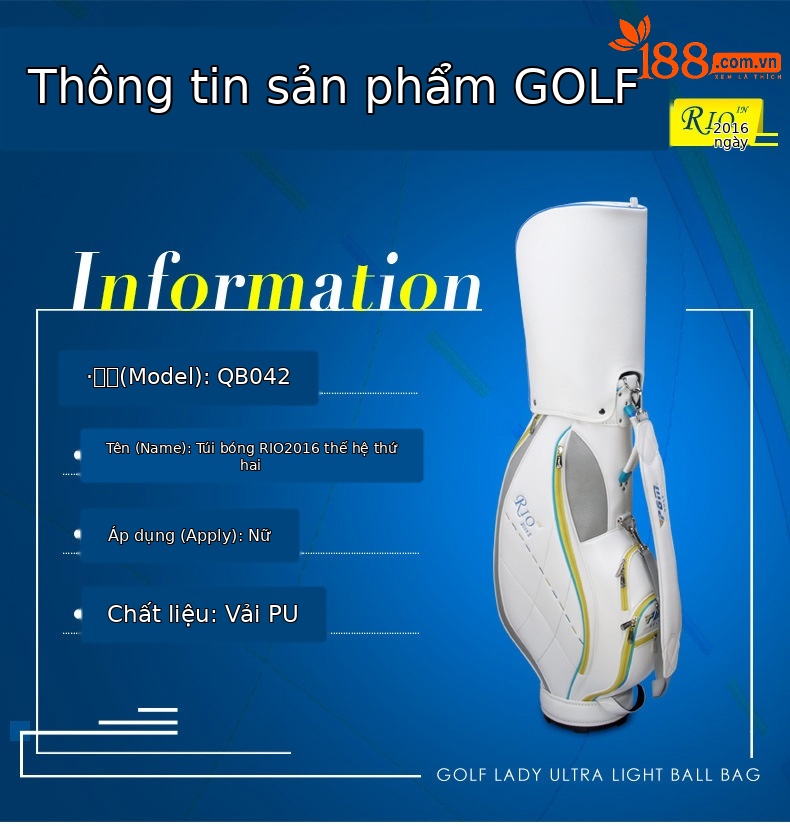 Túi golf PGM tiêu chuẩn nữ nhẹ, chất liệu PU, kích thước 123x22x35 cm — QB042-Trắng hồng, QB042-Màu xanh trắng chi tiết 22