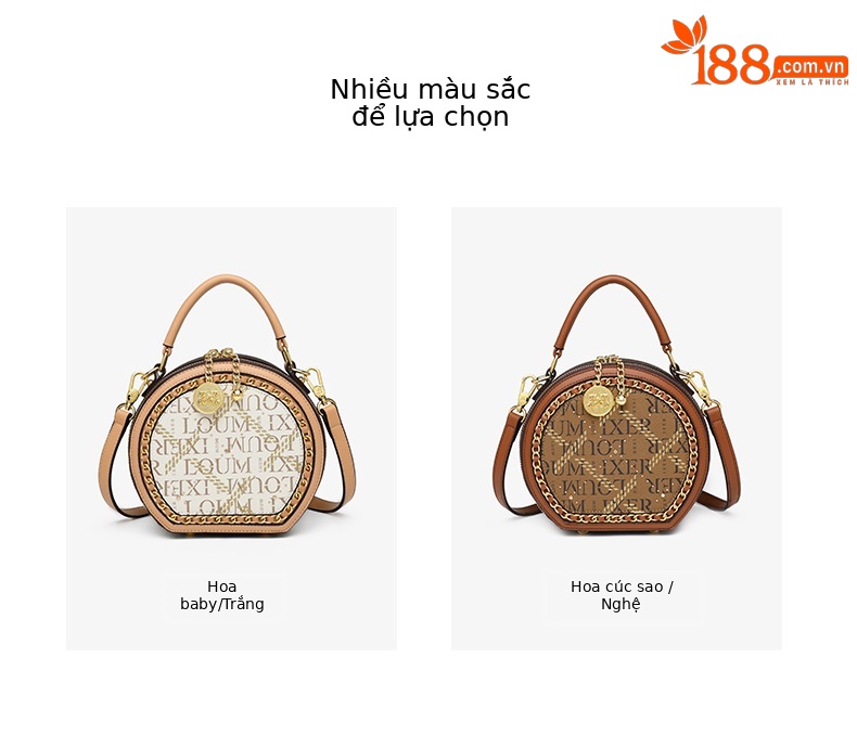 Túi đeo chéo hình tròn nữ in chữ thanh lịch sang trọng — Màu trắng be, Màu nâu nhạt chi tiết 2