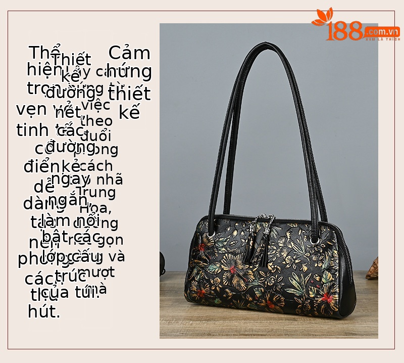 Túi xách tay nữ da cứng họa tiết hoa nhuộm thủ công, phong cách sườn xám — Màu bạc cổ, Màu xanh lá chi tiết 3