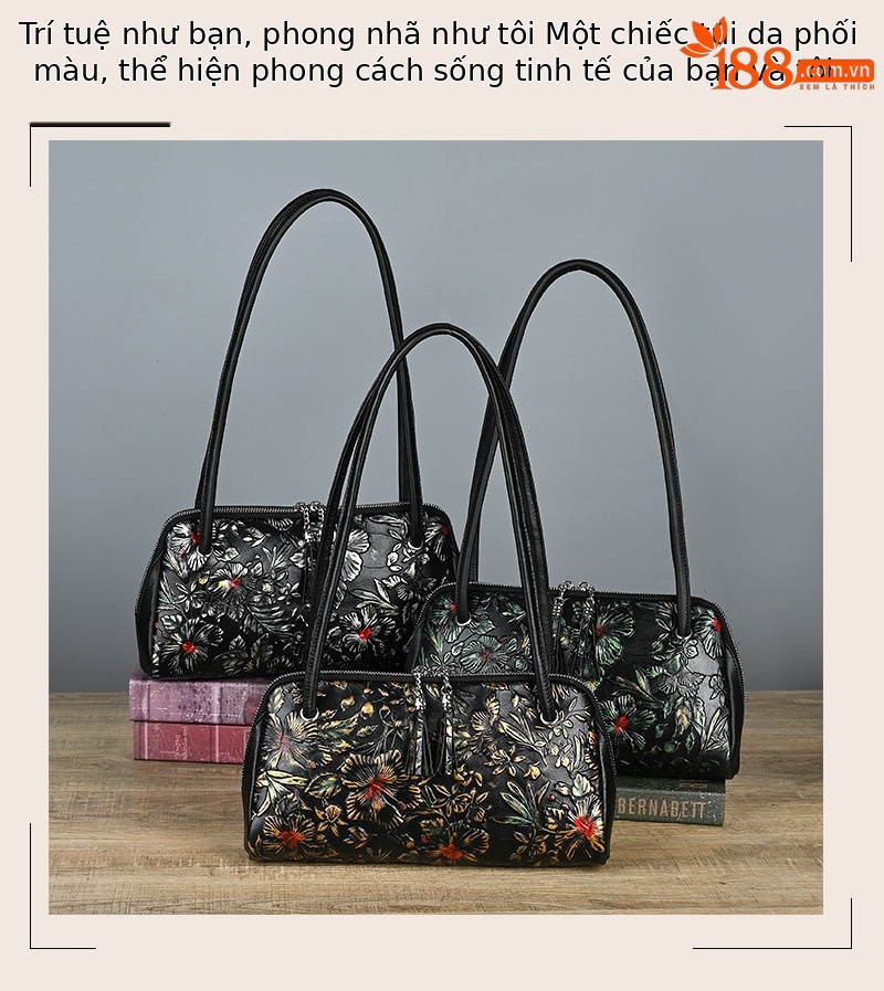 Túi xách tay nữ da cứng họa tiết hoa nhuộm thủ công, phong cách sườn xám — Màu bạc cổ, Màu xanh lá chi tiết 6