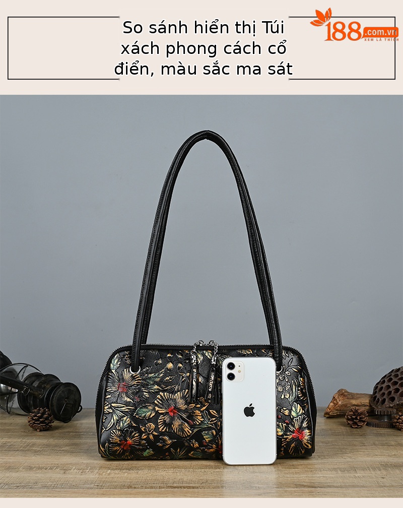 Túi xách tay nữ da cứng họa tiết hoa nhuộm thủ công, phong cách sườn xám — Màu bạc cổ, Màu xanh lá chi tiết 8
