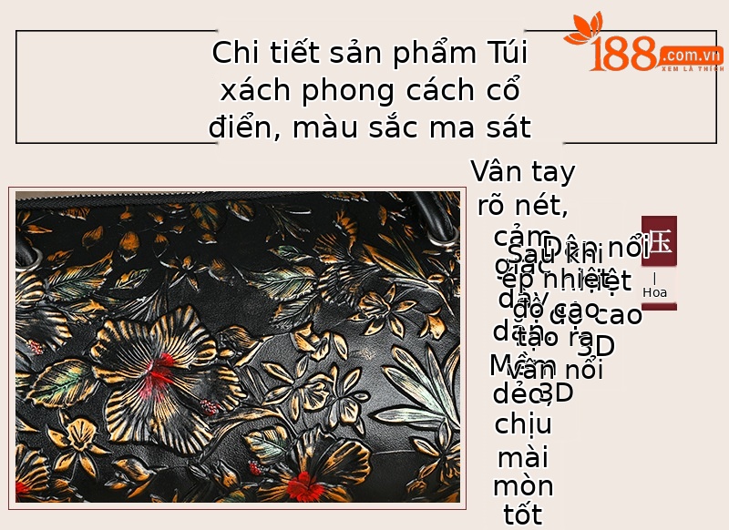 Túi xách tay nữ da cứng họa tiết hoa nhuộm thủ công, phong cách sườn xám — Màu bạc cổ, Màu xanh lá chi tiết 11