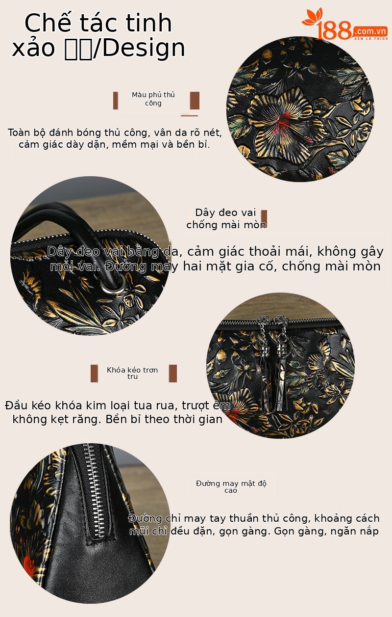 Túi xách tay nữ da cứng họa tiết hoa nhuộm thủ công, phong cách sườn xám — Màu bạc cổ, Màu xanh lá chi tiết 4
