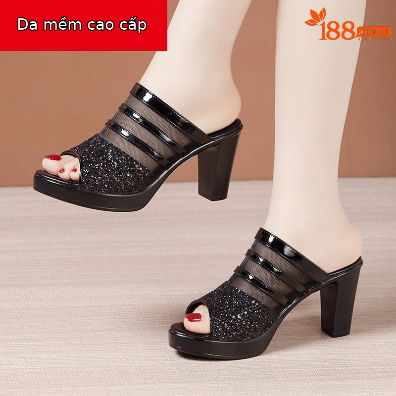 Dép sandal nữ hở mũi da mềm đế dày gót thô 8 cm — Trắng 8cm, Màu đen 8cm