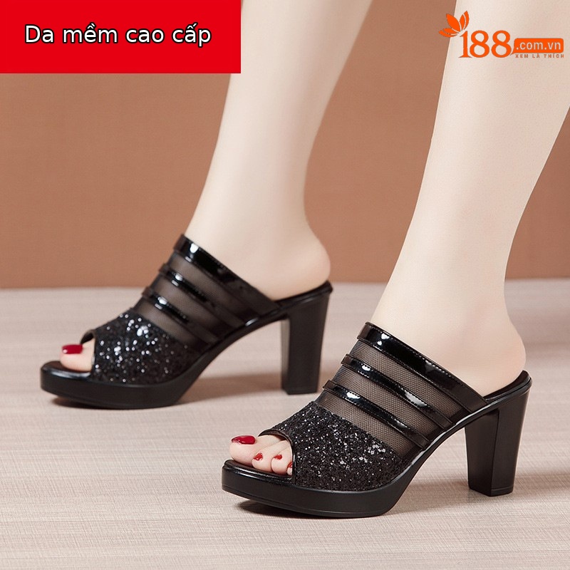 Dép sandal nữ hở mũi da mềm đế dày gót thô 8 cm — Trắng 8cm, Màu đen 8cm