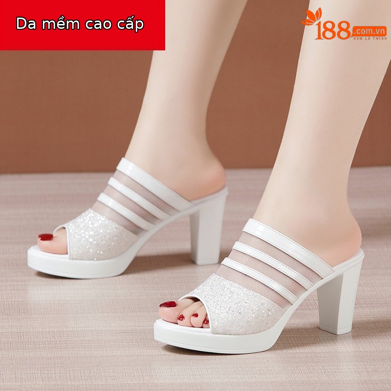 Dép sandal nữ hở mũi da mềm đế dày gót thô 8 cm — Trắng 8cm, Màu đen 8cm