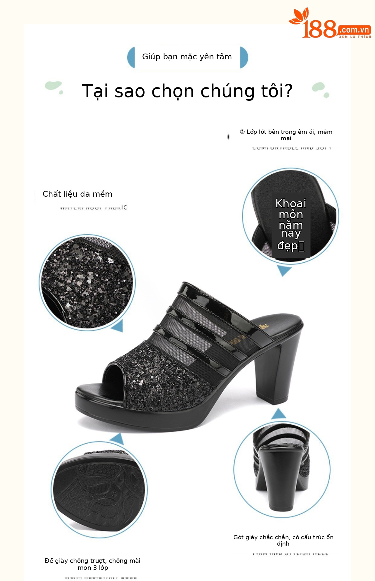 Dép sandal nữ hở mũi da mềm đế dày gót thô 8 cm — Trắng 8cm, Màu đen 8cm chi tiết 3