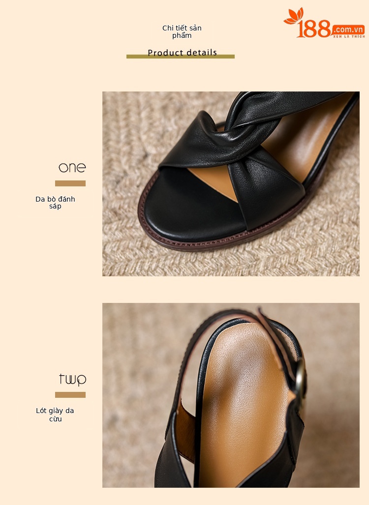 Sandal cao gót nữ da thật hở mũi quai ngang gót dày retro — Màu nâu chi tiết 3